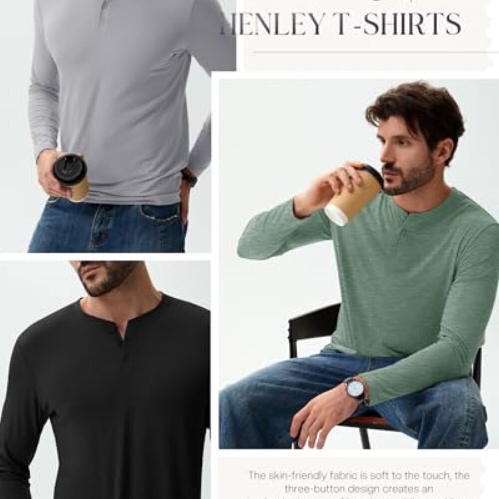 Men's Big Tall Henley T-Shirts Long Sleeve Cotton Blend Loose Fit Casual - Picture 7 of 8